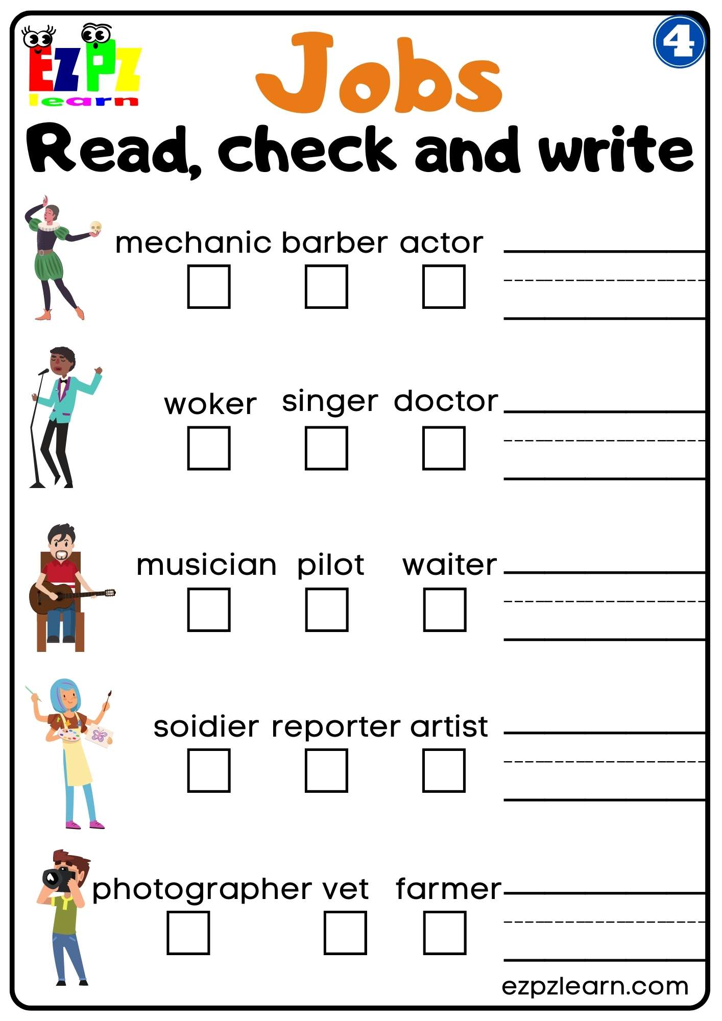 G4 Careers Read Check and Write Worksheet for ESL and K5 Students PDF Download